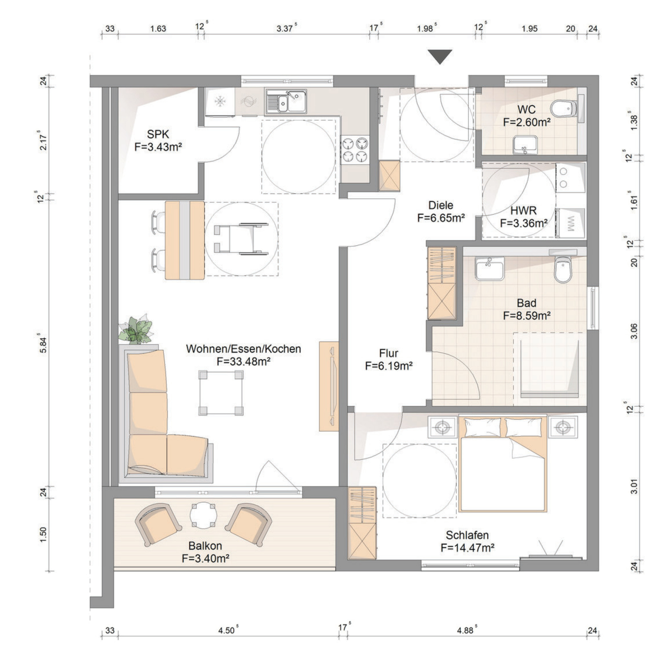 Grundriss einer barrierefreien 3-Zimmer-Wohnung mit Bewegungsflächen für Rollstuhl